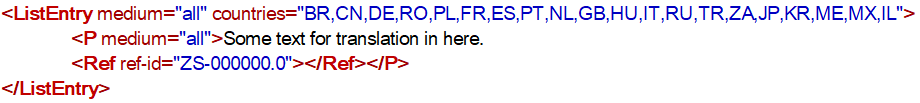 Screenshot of Trados Studio showing a poorly formatted XML file with a list entry tag containing multiple country codes and a paragraph tag for translation text.