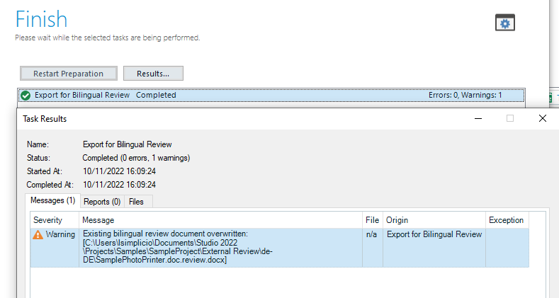 Trados Studio Finish screen showing a warning message about an existing bilingual review document being overwritten with file path and 'Export for Bilingual Review' as origin.