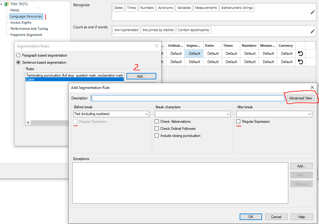 Trados Studio screenshot showing the Segmentation Rules window with Sentence based segmentation selected. A rule for 'Terminating punctuation' is highlighted with options to add a new rule. An 'Advanced View' button is outlined in red indicating a possible error or warning.