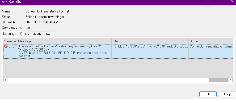 Trados Studio task results window showing an error message stating 'The file at location C:Users...docx does not exist' under Convert to Translatable Format.