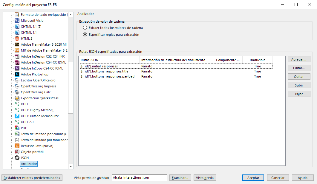 Screenshot of Trados Studio project settings window showing JSON paths for 'initial_responses' and 'buttons_responses' with 'title' and 'payload' set as translatable.