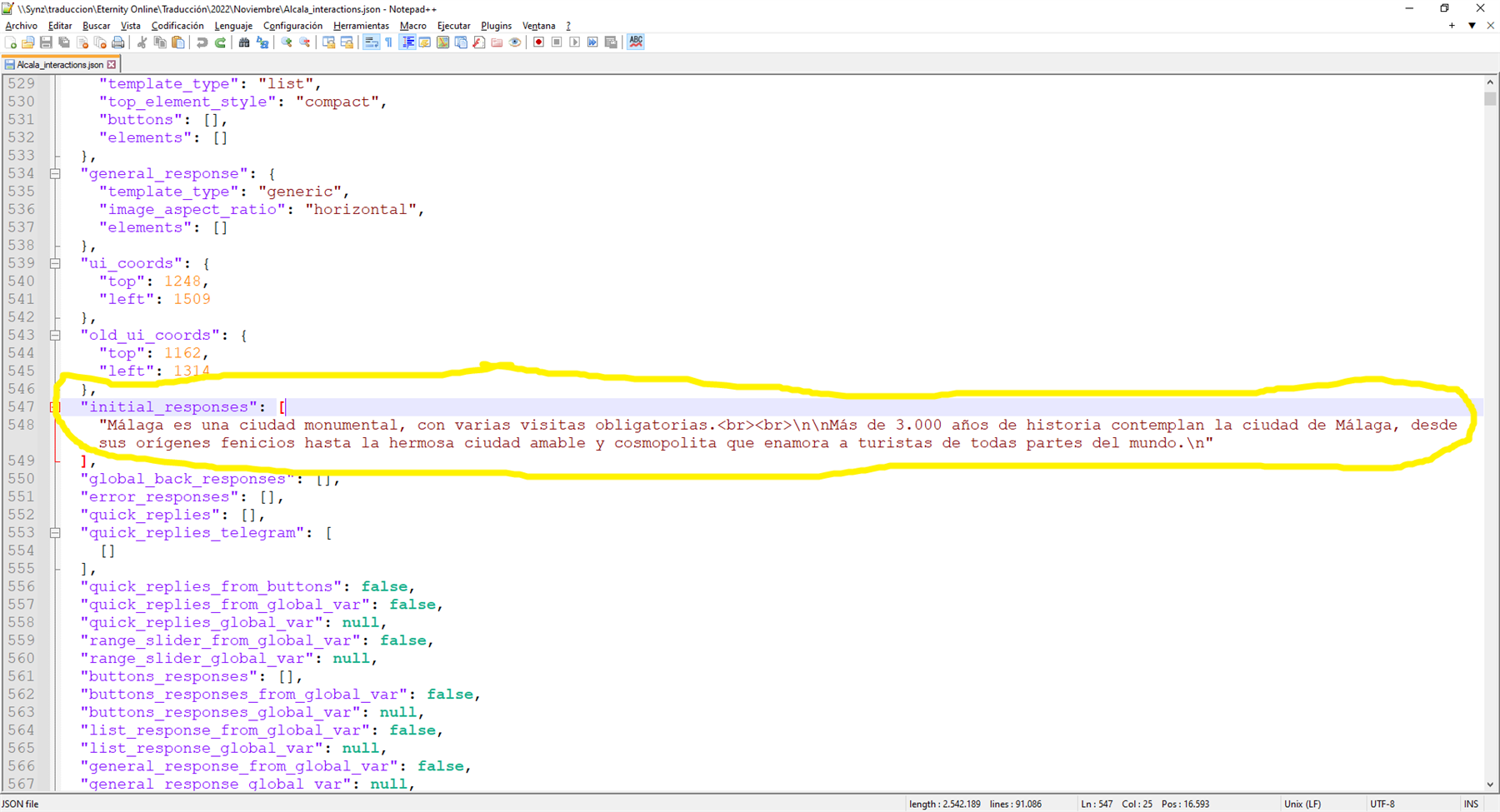 Screenshot of a JSON file with the 'initial_responses' segment highlighted in yellow, containing Spanish text about the city of Malaga.
