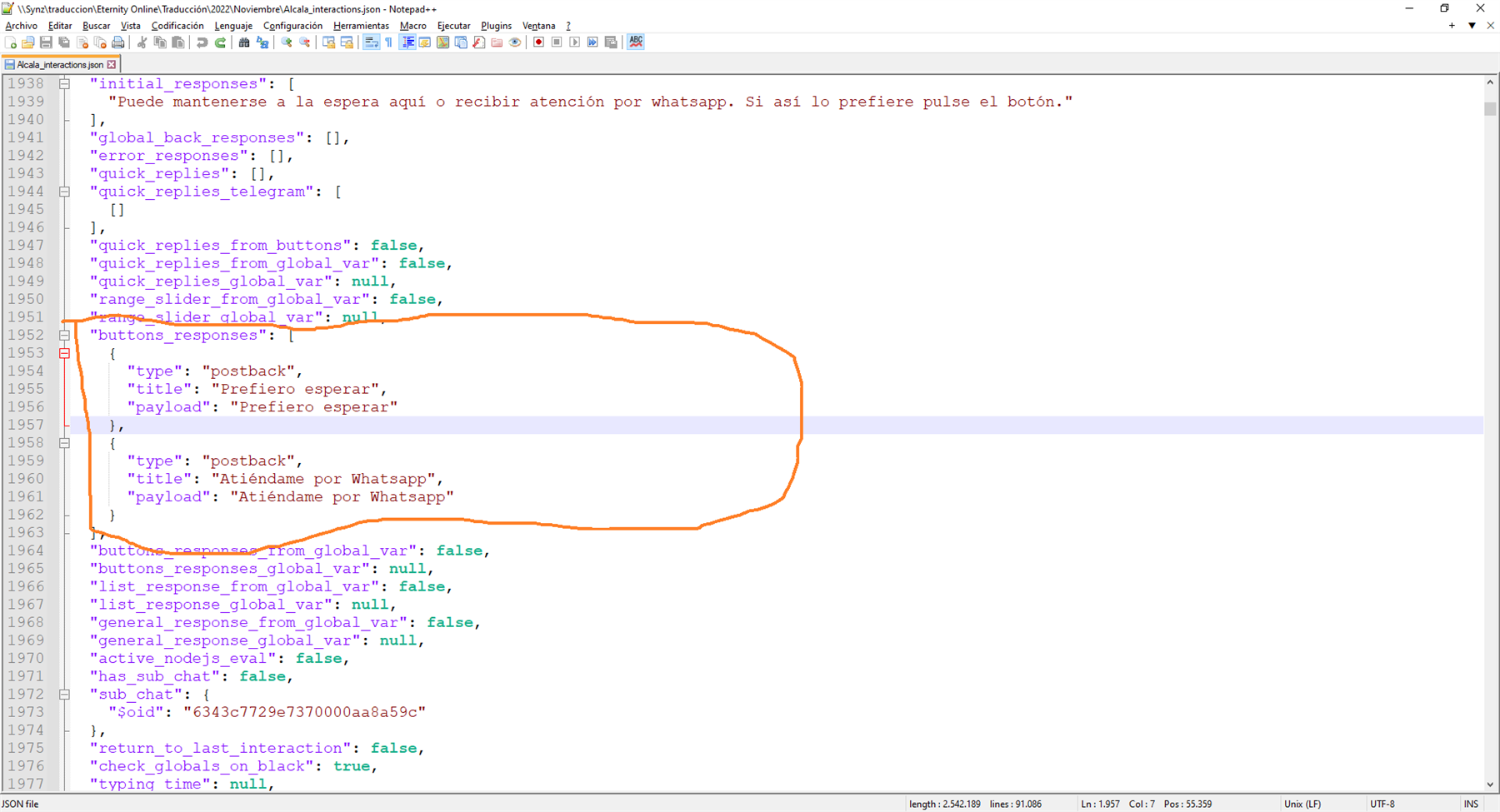 Screenshot of a JSON file with the 'buttons_responses' segment highlighted in orange, showing two 'postback' type responses with titles and payloads in Spanish.