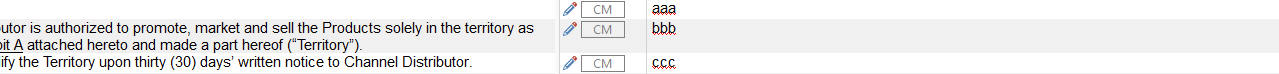 Screenshot of Trados Studio with edited target segments displaying 'aaa', 'bbb', 'ccc' in the translation column. Each segment is marked with a CM indicating a context match.