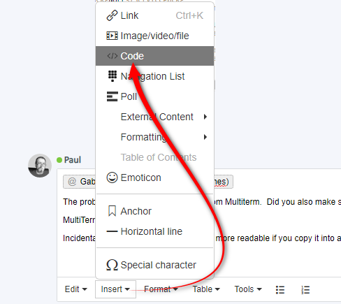 Screenshot showing a dropdown menu with the option 'Code' highlighted, indicating the selection process for copying error code into a code block.