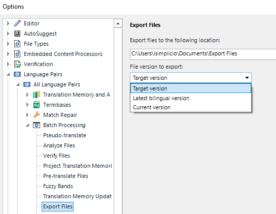 Trados Studio options menu showing Export Files settings with file path and version dropdown menu.