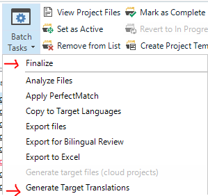 Trados Studio batch tasks menu with Generate Target Translations option highlighted.