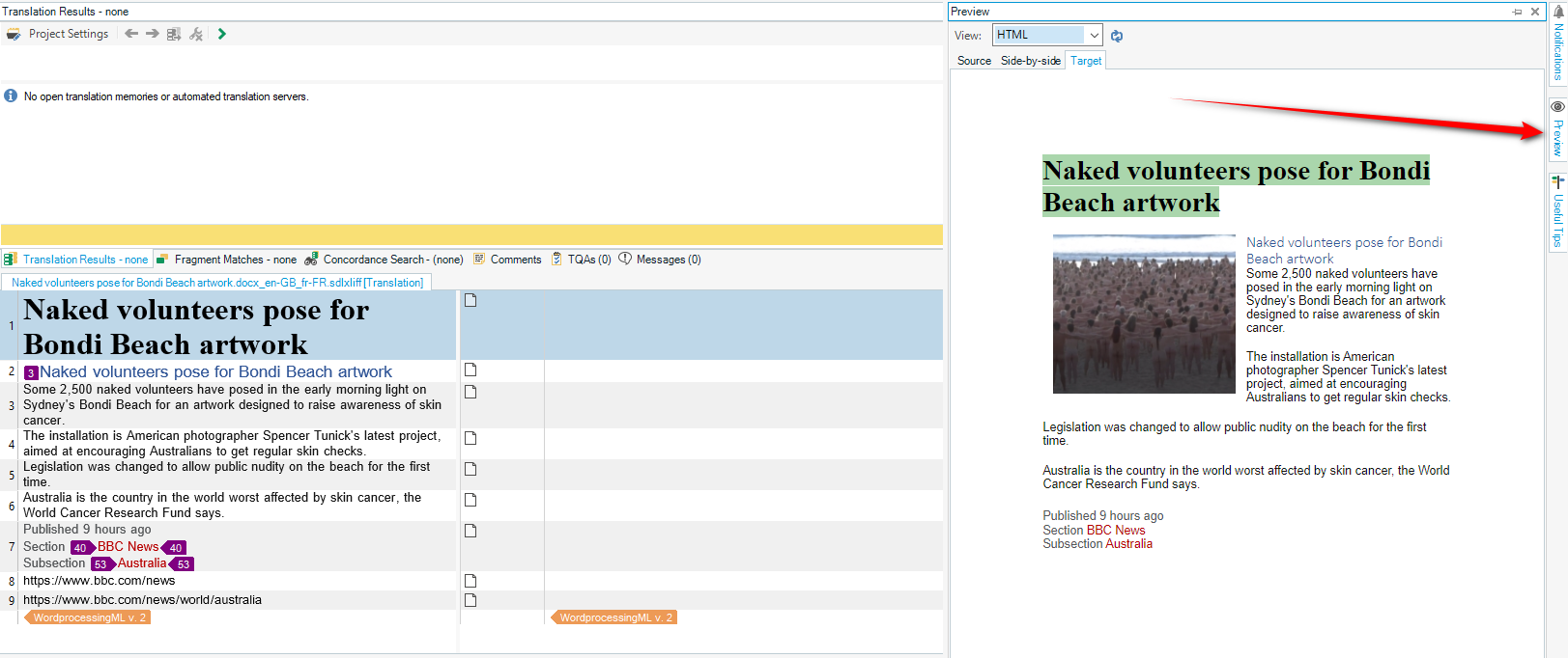 Trados Studio editor interface showing a Word document translation with a preview pane on the right, highlighted by a red arrow pointing to the preview button.