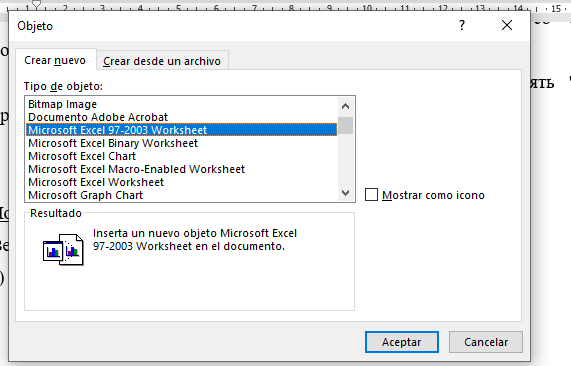 Screenshot of Trados Studio showing the 'Insert Object' dialog box with a list of object types including 'Microsoft Excel 97-2003 Worksheet' highlighted.