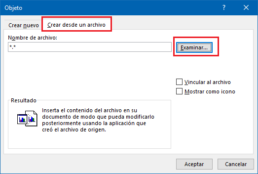 Trados Studio dialog box showing 'Insert Object' with 'Create from file' tab selected and 'Browse' button highlighted indicating where to select an Excel file.
