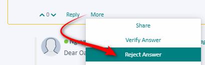Close-up of a dropdown menu with the option 'Reject Answer' highlighted, indicating the action to reject a suggested answer in a support forum.
