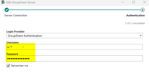 Trados Studio Edit GroupShare Server window showing Authentication tab with fields for Username and Password filled out and a checkmark indicating successful server connection.