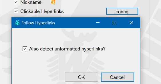 Trados Studio Wordbird settings window with an option for 'Clickable Hyperlinks' and a checkbox for 'Also detect unformatted hyperlinks?' with OK and Cancel buttons.