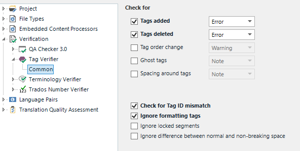 Trados Studio verification settings showing options for tag verification with 'Tags added' and 'Tags deleted' set to Error, and 'Tag order change' set to Warning.