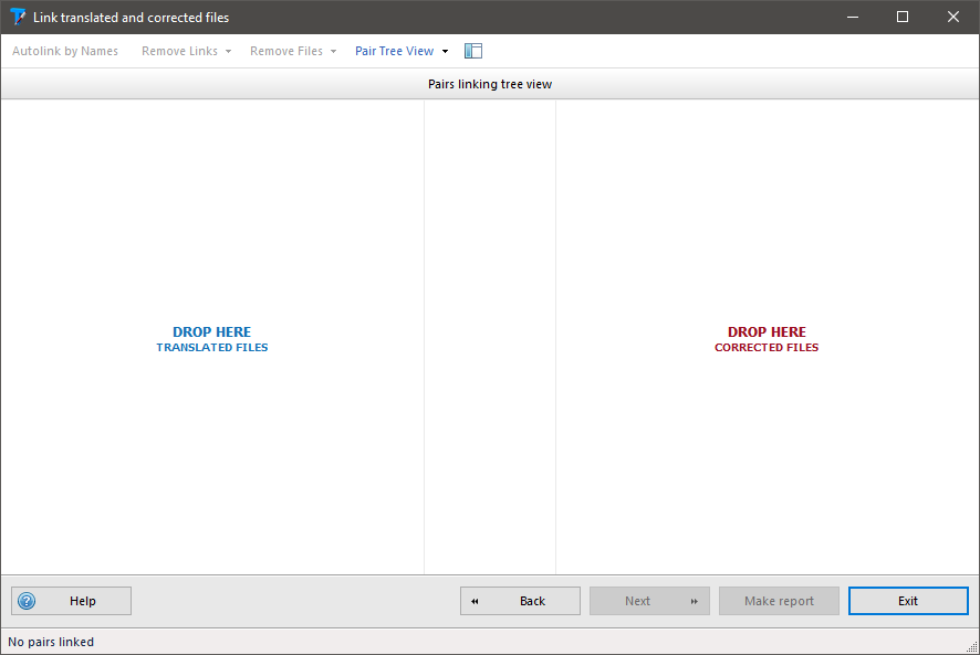 Trados Studio interface showing the 'Link translated and corrected files' feature with two panels labeled 'DROP HERE TRANSLATED FILES' and 'DROP HERE CORRECTED FILES'. No files have been linked yet.