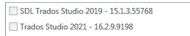 Screenshot showing Trados Studio versions, with Trados Studio 2021 - 16.2.9.9198 highlighted.