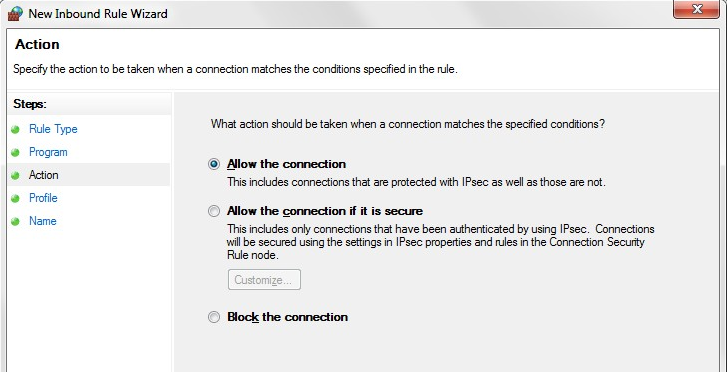 Screenshot of New Inbound Rule Wizard with 'Allow the connection' option selected for Trados Studio.