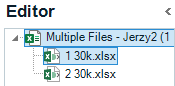 Trados Studio editor showing two split files named 1 30k.xlsx and 2 30k.xlsx under the project 'Multiple Files - Jerzy2'.