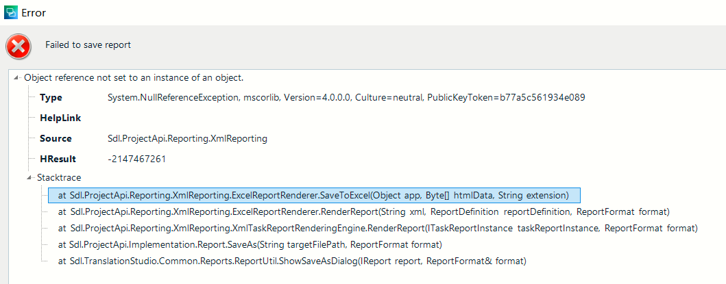 Error message in Trados Studio stating 'Failed to save report' with a red cross icon, indicating a System.NullReferenceException error in the XmlReporting module.