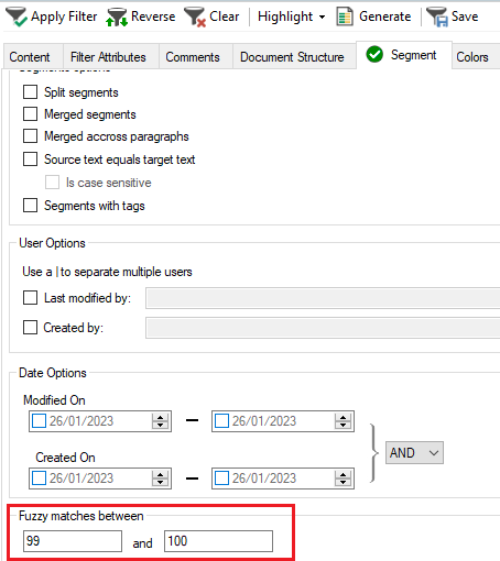 Trados Studio Advanced Display Filter settings showing 'Fuzzy matches between' set to 99 and 100.