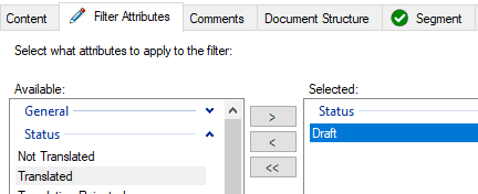 Filter Attributes tab in Trados Studio with 'Status' set to 'Draft' in the selected attributes column.