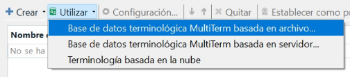 Trados Studio pop-up window showing options for terminology resources including MultiTerm database based on file, server, and cloud-based terminology.