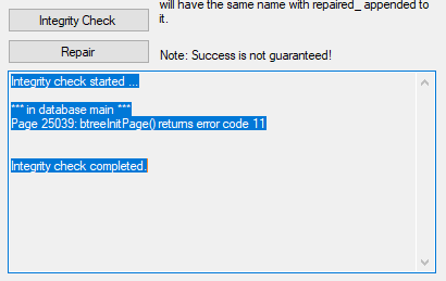 Trados Studio screenshot showing an Integrity Check window with a message 'Integrity check started...' followed by an error '*** in database main *** Page 25039: btreeInitPage() returns error code 11' and a final message 'Integrity check completed.'