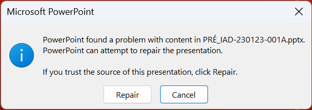 Error message in Microsoft PowerPoint stating 'PowerPoint found a problem with content in file name. PowerPoint can attempt to repair the presentation.' with options to 'Repair' or 'Cancel'.