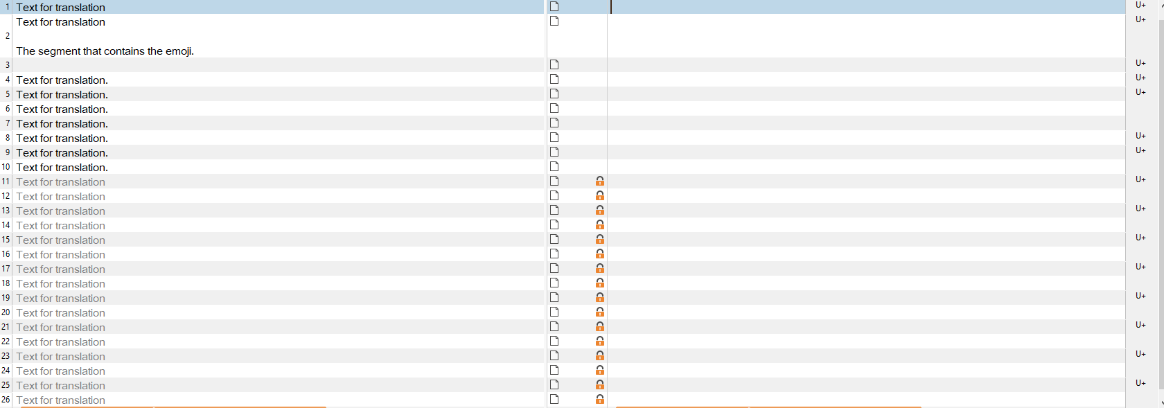 Screenshot of Trados Studio interface showing a list of text segments for translation with checkboxes and warning icons indicating issues with certain segments.