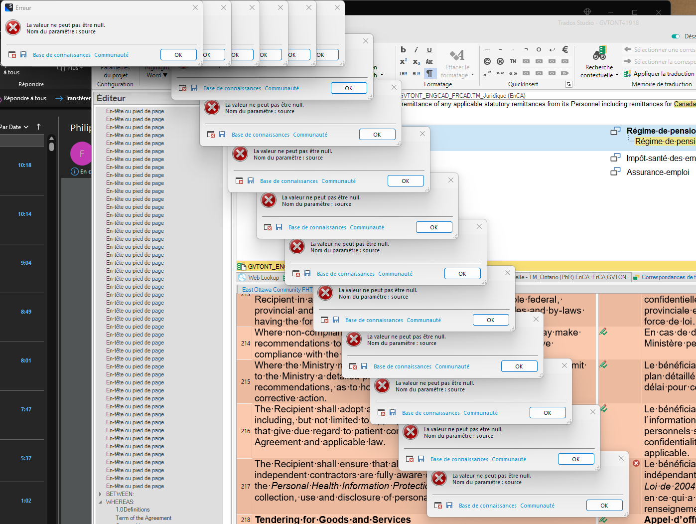 Multiple error pop-up windows on Trados Studio software with the message 'La valeur ne peut pas tre null. Nom du param tre: source' indicating a null value error.