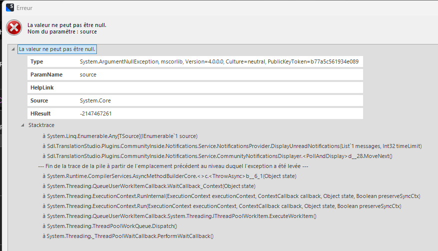 Detailed error message on Trados Studio showing a System.ArgumentNullException with stack trace information and 'La valeur ne peut pas tre null. Nom du param tre: source' error.