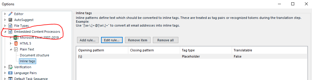 Trados Studio options dialog with File Types selected, showing a red circle around Embedded Content Processors indicating a possible error or incorrect setting.
