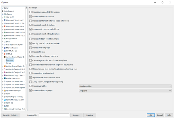 Trados Studio settings window showing options for processing MIF files, with various checkboxes for common settings and Adobe Framemaker options.
