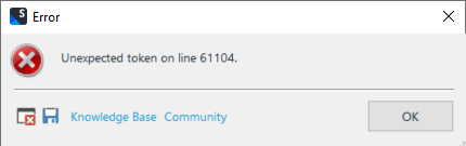 Error dialog box in Trados Studio displaying the message 'Unexpected token on line 61104' with options to access Knowledge Base or Community.