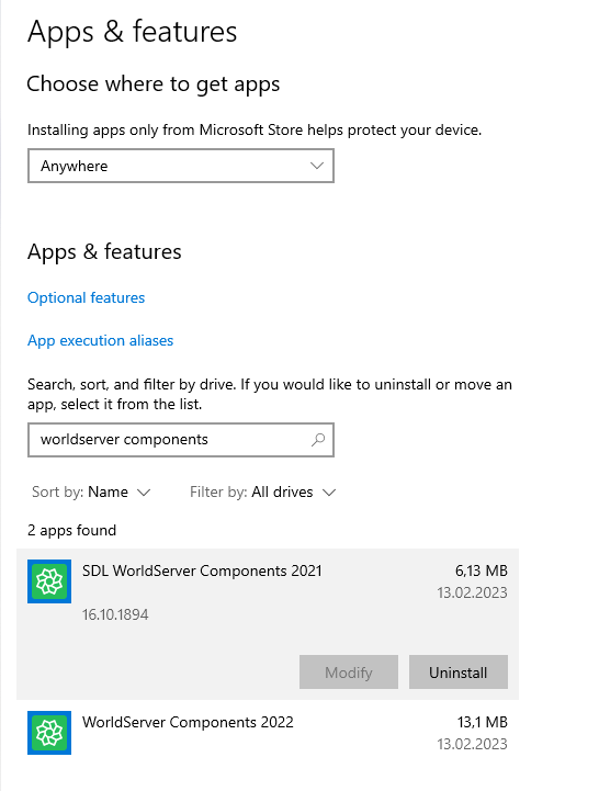 Windows Apps & features settings showing two installed WorldServer Components, one for SDL Trados Studio 2021 and another for 2022, with options to modify or uninstall.