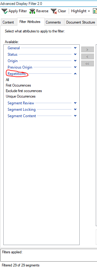 Screenshot of Trados Studio's Advanced Display Filter 2.0 with 'Repetitions' selected under Filter Attributes.