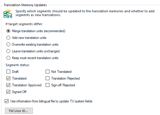 Screenshot of Trados Studio's Translation Memory Updates dialog with options for segment status and target segments difference.