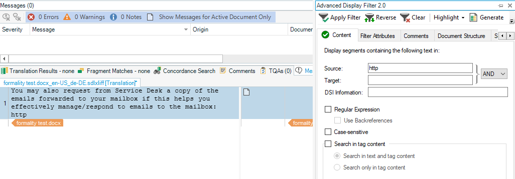Trados Studio Advanced Display Filter 2.0 with a search field containing 'http' to filter segments.