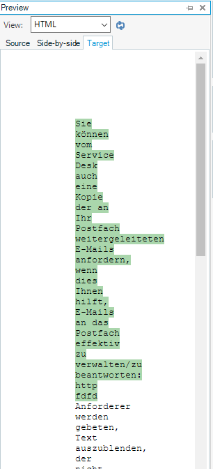 Screenshot of Trados Studio 2022 showing the Preview pane with HTML view selected and German text displayed without any visible errors or warnings.