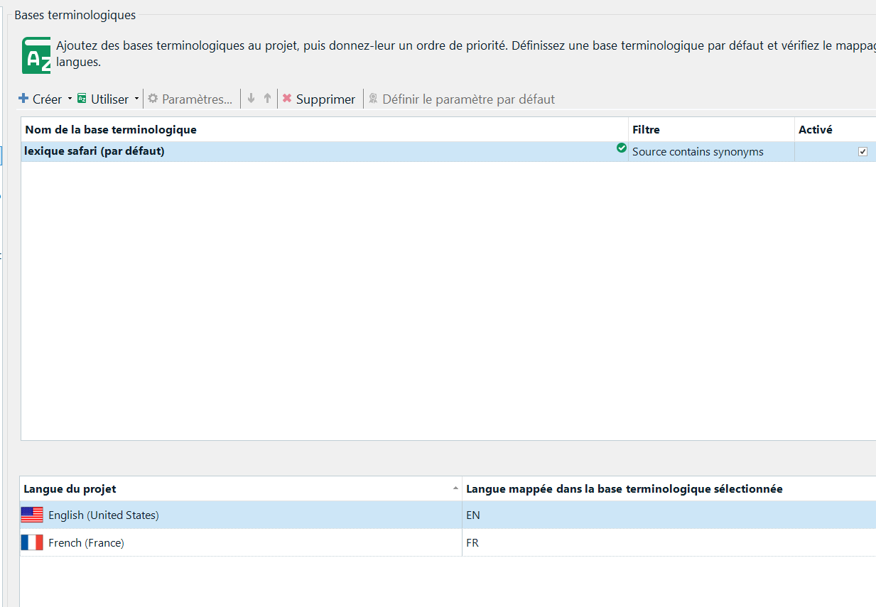 Trados Studio project settings showing a linked terminology database named 'lexique safari' with language mappings for English and French.