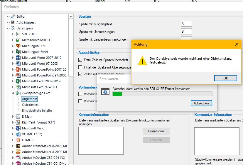 Trados Studio error message saying 'The object reference was not set to an instance of an object' with an OK button, while converting a file to SDLXLIFF format.