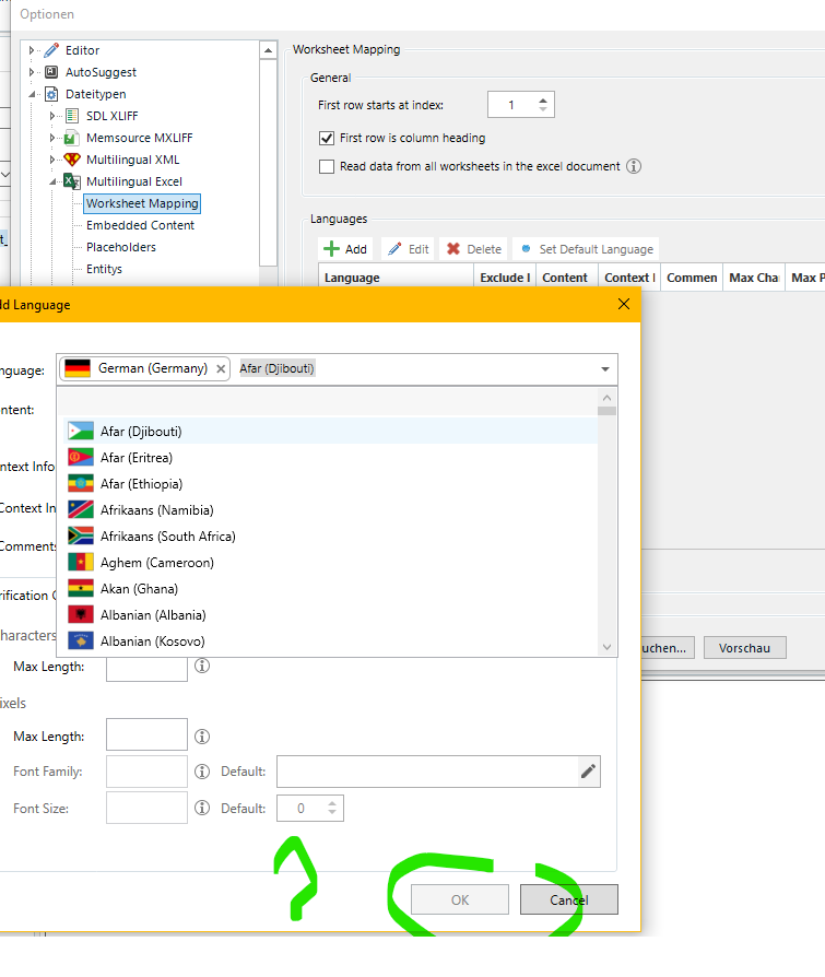 Trados Studio screenshot showing the Worksheet Mapping window with options for General settings and Languages. Two green arrows point to the OK and Cancel buttons.