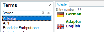 Screenshot of Trados Studio showing the 'Terms' section with 'Adapter' highlighted in blue and corresponding entries in German and English with respective flags.