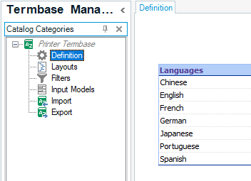 Screenshot of Trados Studio's 'Termbase Management' window with 'Definition' selected, showing a list of languages including English, Chinese, and others.