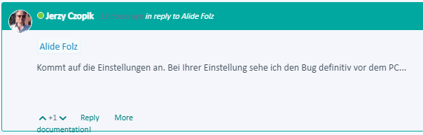 Screenshot of a forum post by Jerzy Czopik replying to Alide Folz, discussing settings related to a bug in Trados Studio.