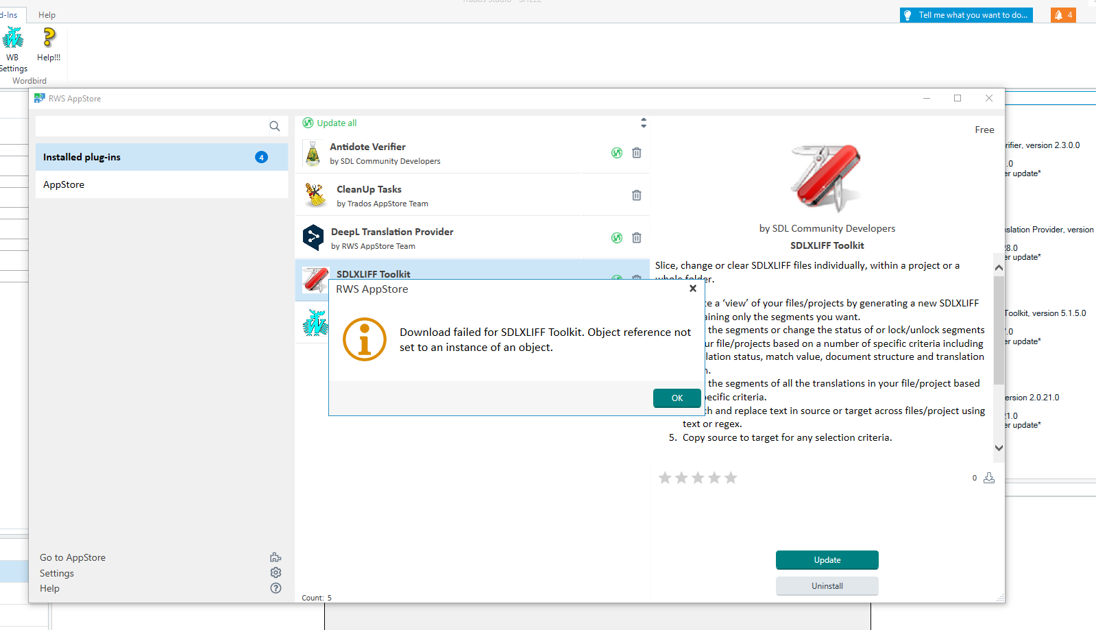 Trados Studio error message popup saying 'Download failed for SDLXLIFF Toolkit. Object reference not set to an instance of an object.' with an OK button.