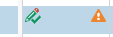 Screenshot showing Trados Studio Editor with a pencil icon indicating a segment is confirmed and an orange triangle warning icon signaling a QA issue.