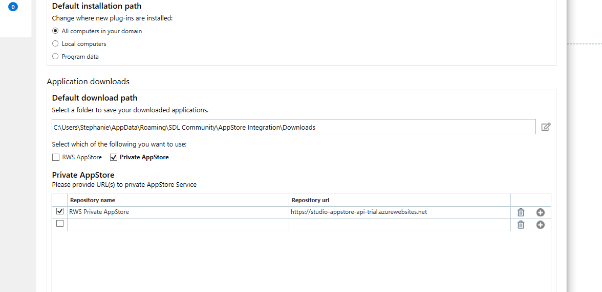 Trados Studio settings showing the Default installation path options and Application downloads. Private AppStore is selected with RWS Private AppStore repository name and a URL provided.