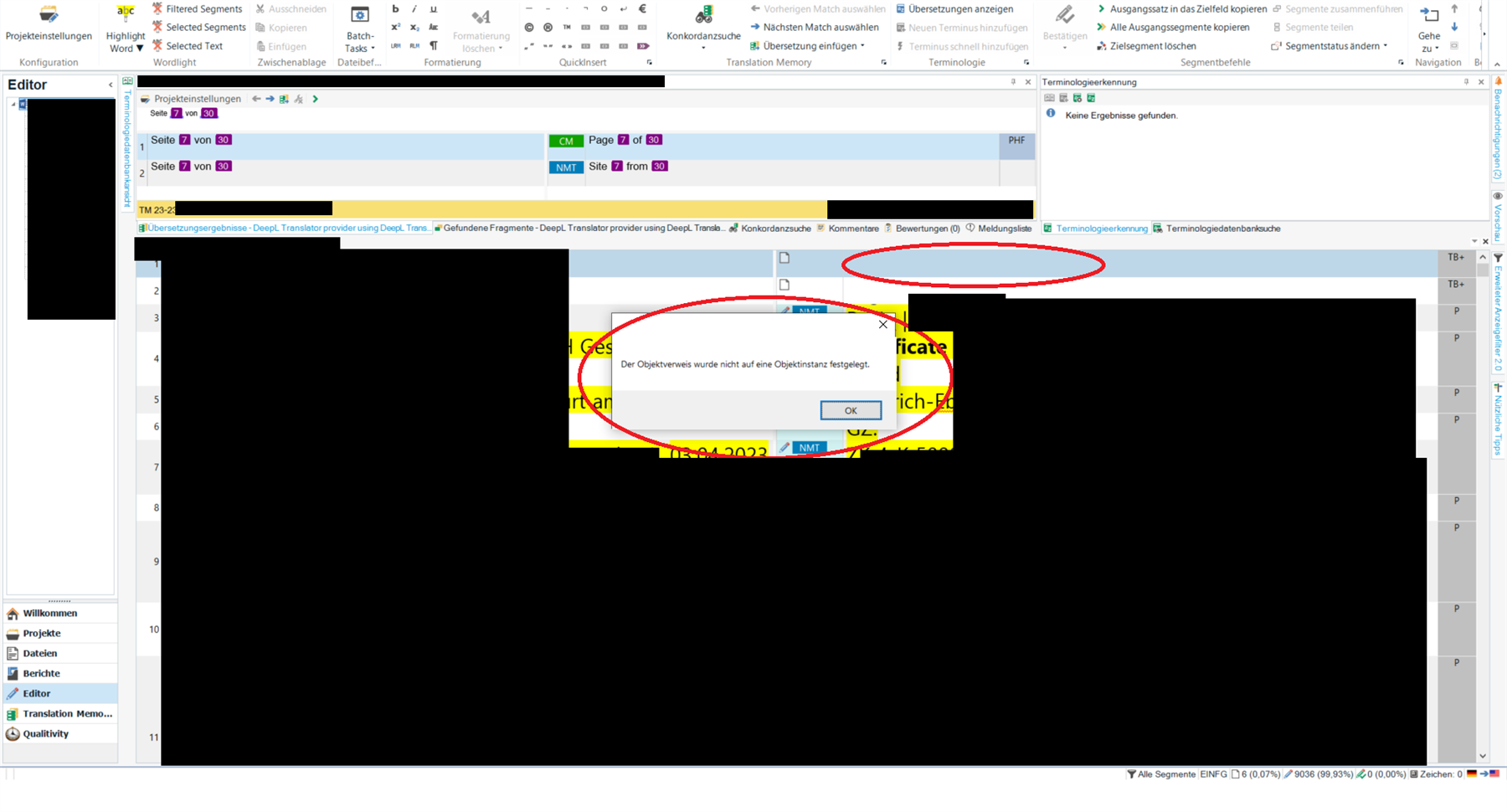 Screenshot of Trados Studio 2022 showing an error message 'Object reference not set to an instance of an object' after attempting to delete a target text segment using 'Alt + Delete'.