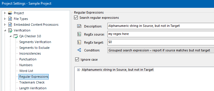 Screenshot of Trados Studio project settings with 'Regular Expressions' selected, showing options for source and target regex verification.